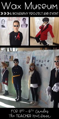 several photos of children dressed up in costumes and hats, with text reading wax museum