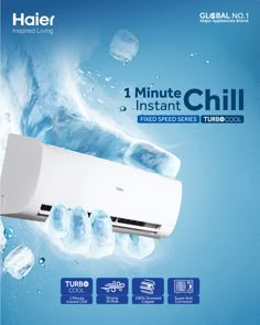 an advertisement for a new air conditioner with ice cubes on the front and back