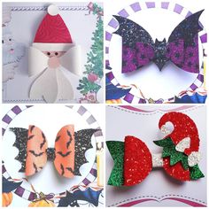 four different types of bow ties and bows with glitters on them, one is decorated like a santa hat