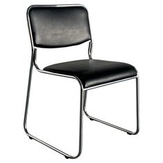 a black leather chair sitting on top of a metal frame