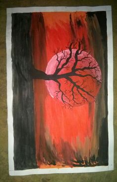 a painting with red and black paint on it, depicting a tree in front of the moon