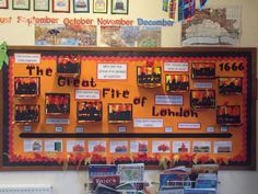 the great fire of london bulletin board is decorated with pictures and information for children's books