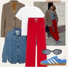 Red Cullotes Outfit Casual, Red Pants Street Style, Ladies Who Lunch Outfits, Portuguese Street Style, Red Track Pants Outfit, Sporty Chic Outfits Street Fashion, Red Trousers Outfit Casual, Red Pants Outfit Winter, Gucci Style Outfit