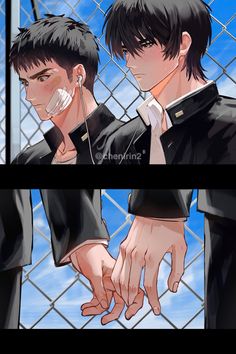 two anime characters are talking to each other in front of a chain link fence with blue sky and clouds behind them