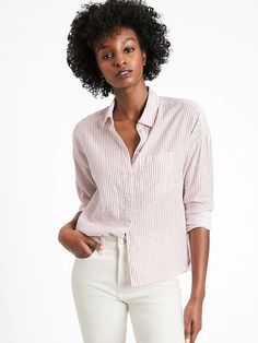 Stripe High-Low Shirt | Banana Republic High Low Shirt, Professional Fashion, High Low Hem, Pink Stripes, Hip Length, Grey Stripes, High & Low, High Low, Banana Republic