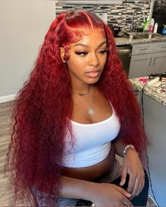 Cute Red Wig Hairstyles, Summer Color Wigs Black Women, Red Curly Hair Wig, Red Frontal Hairstyles, Frontal Wig Style Ideas, Water Wave Hairstyles For Black Women, Colored Wig Installs, Red Wet And Wavy Wig, Red Water Wave Wig