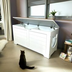 a cat sitting on the floor in front of a large white cabinet with two doors