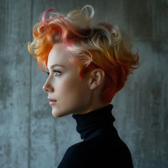 Vibrant Sunset Hues: A Portrait of Modern Hairstyle Elegance Pink And Orange Hair, Sunset Hues, Stylish Haircuts, Creative Hairstyles, Fashion Portrait, Edgy Look, Beauty Trends