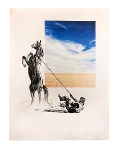 a drawing of a horse pulling a man on a leash in the middle of a desert