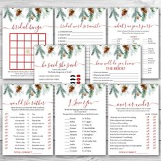 the printable christmas game is set up on top of a wooden table with pine cones and