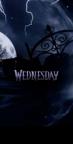 the title for wednesday is shown in front of a dark background with lightning and clouds