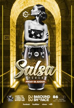 a flyer for salsa fever featuring a woman in a black dress sitting on a stool