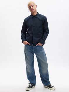 Soft garment-dyed twill shirt.  Point collar.  Long sleeves with button cuffs.  Button front.  Patch pocket at chest.  Straight silhouette with a relaxed fit.  Hits at the hip.  Models are 6′1″–6′2″ 185 cm–188 cm) with a 31″ 79 cm) waist & 32–33″ 81 cm–84 cm) inseam & are wearing Gap Gap Ads, Open Collar Shirt, Gap Men, Twill Shirt, Men Boys, Poplin Shirt, The Gap, Shirt Outfit, Patch Pocket