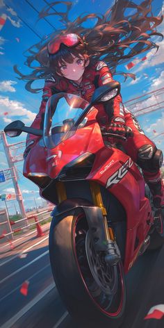 a woman riding on the back of a red motorcycle