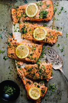 salmon with lemons and herbs on a tray