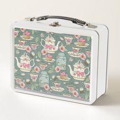 This lunch box features teacups, teapots, teaspoons, tea balls, tea bags, tasty desserts and more - everything you'd need for a fun tea party! Tea Balls, Tasty Desserts, Metallic Party, Metal Lunch Box, Tea Bags, Dining Storage, Box Color, Tea Room