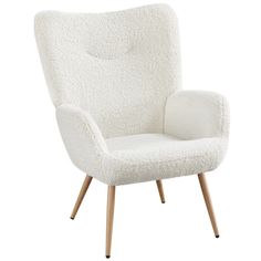 a white chair with wooden legs on a white background