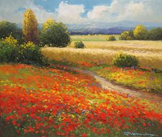 an oil painting of a field full of flowers