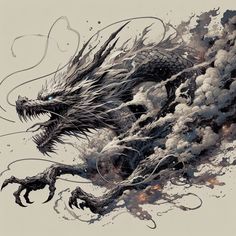 a black and white drawing of a dragon with fire coming out of it's mouth