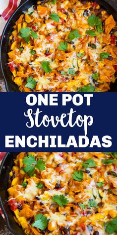 one pot stovetop enchiladas in a cast iron skillet with text overlay