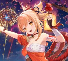 an anime character holding a lantern in her hand with fireworks in the sky behind her