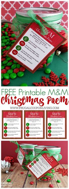 the christmas poem is in a jar with green and red candies on it, along with