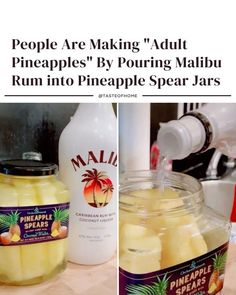 pineapples are making adult pineapples by pouring malbu rum into pineapple spear jars