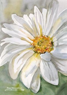 a watercolor painting of a white flower with yellow stamen on it's center