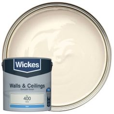 wickes walls and ceilings paint in white, with the lid open to reveal an image