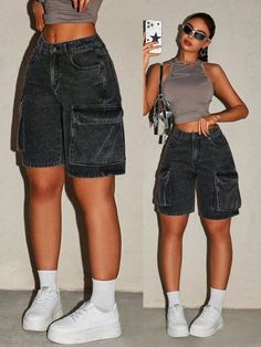 Cute Cargo Shorts Outfit, Houston Fashion Outfits, Woman’s Street Wear, Long Jean Shorts Outfit Black Women, Denim Wear Women, Girlie Tomboy Style, Hot Styles Outfits, Uni Outfits Black Women, Summer Clothes Black Women