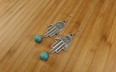 Hamsa Hand Earrings - Turquoise Color and Silver Tone - Dangle Earrings - Protective Hand - Hand of Rasta Earrings, Hand Bracelets, Africa Earrings, Hand Earrings, Hamsa Earrings, Freedom Life, Brown Earrings, Hand Necklace, Turtle Necklace