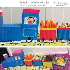 there is a train party centerpiece set with food on the table next to it