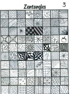 a black and white drawing with many different designs on it, including squares and lines