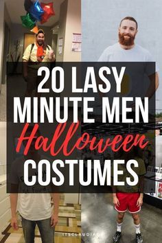 two men wearing halloween costumes with text overlay that reads 20 easy minute men halloween costumes