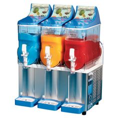 three frozen drinks dispensers are lined up