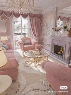 a living room filled with furniture and a chandelier hanging from the ceiling over a fire place