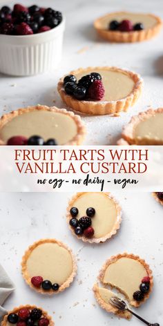 Mini fruit tarts with vanilla custard Small Tarts Desserts, Egg And Dairy Free Desserts, Vegan Tarts Desserts, Eggless Tart Recipe, Mini Vegan Desserts, Vegan Tart Recipes, Christmas Tarts Mini, Dairy Free Tart