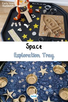 Explore the topic of space with these activity trays. Want some more ideas? Click on the pin. Whatever Next, Space Sensory, Kids Sensory Activities, Space Preschool, Space Day, Sensory Tray, Tuff Tray Ideas, Early Years Foundation Stage, Continuous Provision