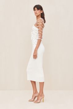 CECELIA KNIT DRESS - OFF WHITE Chic White Knit Midi Dress, Elegant Ribbed Knit Bodycon Dress, Elegant White Ribbed Bodycon Dress, Elegant Ribbed Knit Dress, Ribbed Knit Evening Dresses, White Midi Bandage Dress For Evening, Elegant Bodycon Knit Midi Dress, Elegant White Knit Midi Dress, White Midi-length Bandage Dress For Evening