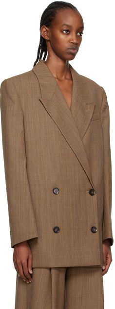 Wool-blend houndstooth blazer. · Peaked lapel · Double-breasted button closure · Mock welt pocket · Padded shoulders · Seam pockets · Central vent at back hem · Full satin lining · Logo-engraved horn hardware Supplier color: Camel houndstooth Brown Sport Coat With Concealed Placket For Office, Double-breasted Brown Blazer With Welt Pockets, Brown Notch Lapel Blazer With Double Button, Brown Notch Lapel Blazer With Double Button Closure, Brown Workwear Suits With Concealed Placket, Brown Double Button Blazer For Office, Brown Suits With Concealed Placket, Brown Suits With Concealed Placket For Workwear, Brown Lapel Collar Blazer For Office