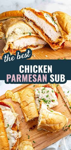 chicken parmesan sub cut in half on a cutting board with the title above it