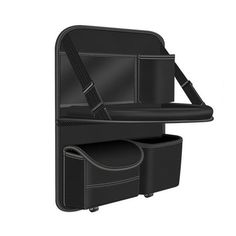 a black chair with two bins on the back and one has a strap hanging from it