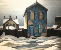 a painting of a house in the snow