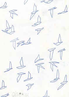 a drawing of many birds flying in the sky with blue ink on white paper,