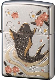 a lighter with a fish and flowers on it