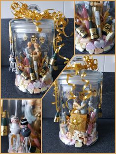 there are many pictures of different items in the jar with gold ribbons on it, and one is filled with confetti