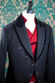 This listing includes the frock coat, vest, and pant with the muslin fitting process described below. ABOUT THIS STYLE: We make the most distinctive frock coats and tailcoats in the world. This suit features a morning coat with a high sharp cutaway, decorative contrast buttonholes, velvet trim and a velvet back collar. The piece is cut from gorgeous vintage style wool flannel. The pant is made from flannel as well with a velvet tux stripe. And the vest is made, with a standup collar and double-b Fitted Double Breasted Suit With Buttons For Winter, Winter Fitted Three-piece Suit For Formal Occasions, Fitted Nehru Jacket For Formal Winter Events, Fitted Formal Nehru Jacket For Winter, Bespoke Fitted Winter Suits, Fitted Winter Suits For Costume Party, Winter Fitted Suits For Costume Party, Fitted Double Breasted Suit For Winter Wedding, Fitted Winter Costume Suit