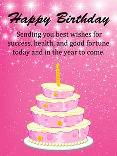 a birthday card with a pink cake and sparkles in the background, saying happy birthday