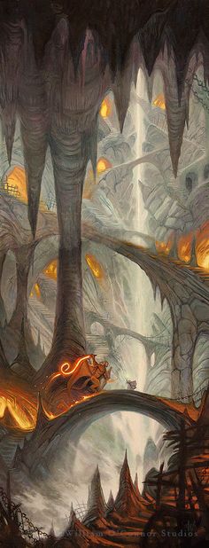 a painting of a dragon in a cave with fire coming out of its mouth and flowing water