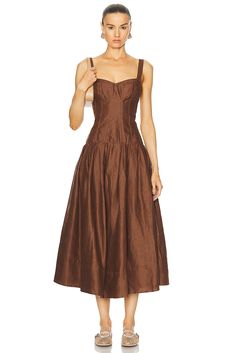 Find NICHOLAS Makenna Drop Waist Corset Midi Dress In Brown on Editorialist. NICHOLAS Makenna Drop Waist Corset Midi Dress in Brown Self: 100% linen Lining: 100% cotton. Made in China. Dry clean only. Fully lined. Hidden back zipper closure. Contour stitch bodice. Linen fabric. NHOL-WD468. S24D2310C. About the designer: Established in Melbourne in 2009 Nicholas was an instant cult hit. Known for its effortless and easy to wear style, Nicholas pieces are instantly recognizable with their clean lines, subtle detailing and bold colour palette. Honeymoon Wear, Snow Dress, Corset Midi Dress, Waist Corset, Cotton Long Dress, Resort Dresses, Linen Midi Dress, Maxi Slip Dress, Tennis Dress